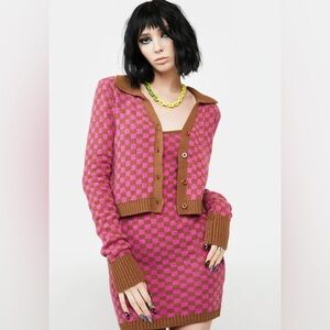 Emory Park Pink and Brown Checkered Cardigan